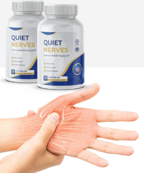 Two bottles of Quiet Nerves nerve health support capsules above a hand illustrating the nerve network